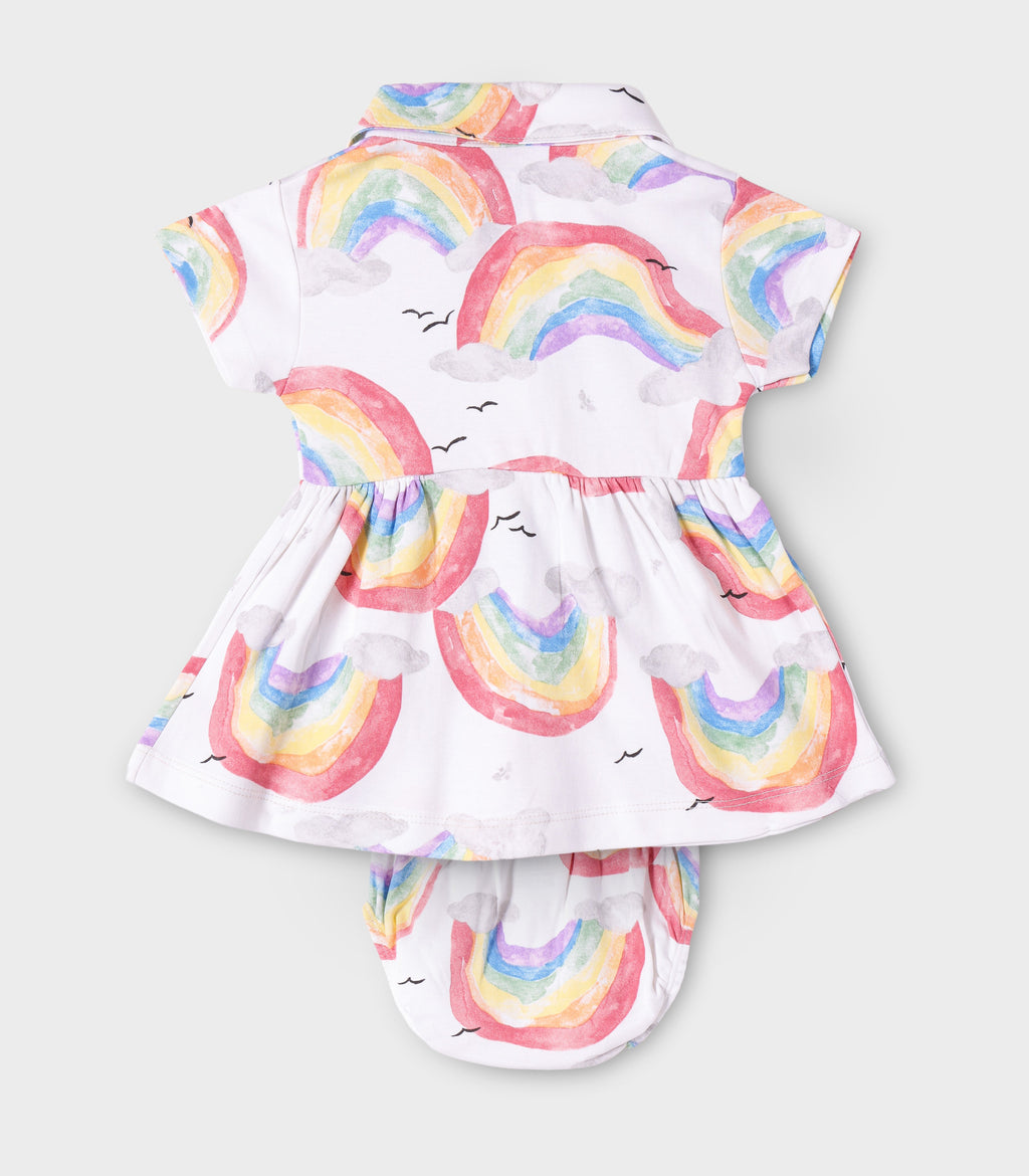 Rainbow Printed White Girls Cotton Frock with Panty