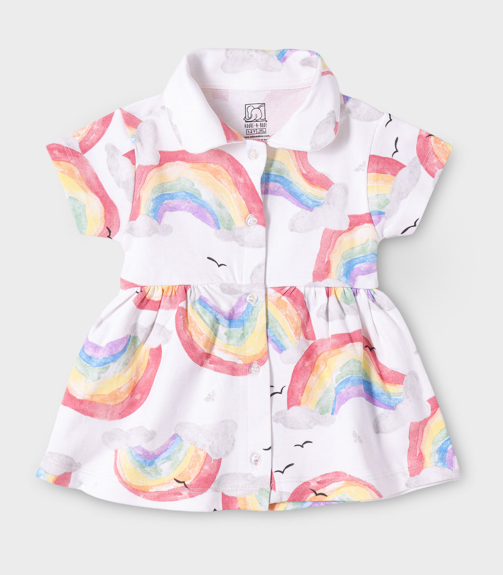 Rainbow Printed White Girls Cotton Frock with Panty