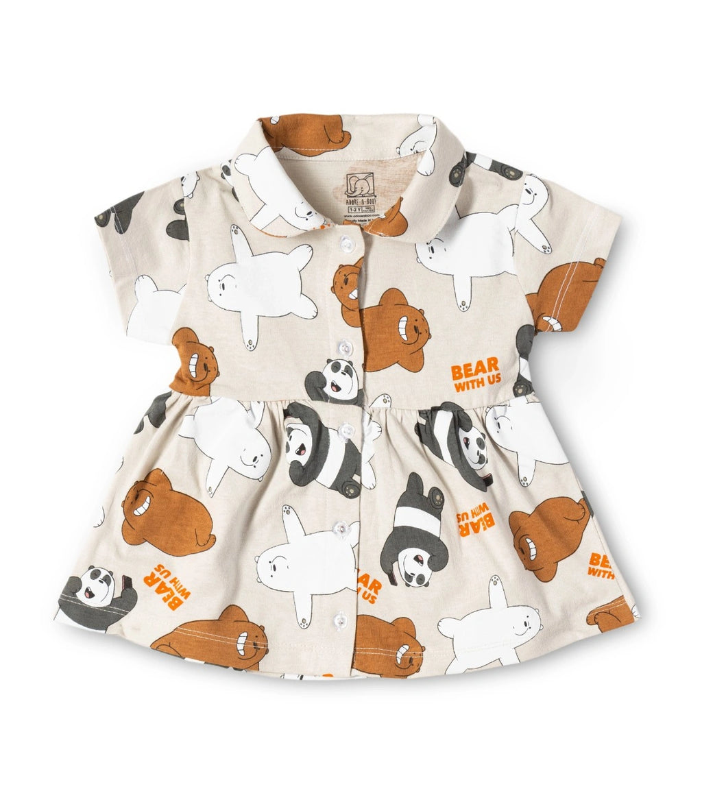 Bear With Us Printed Beige Girls Cotton Frock with Panty