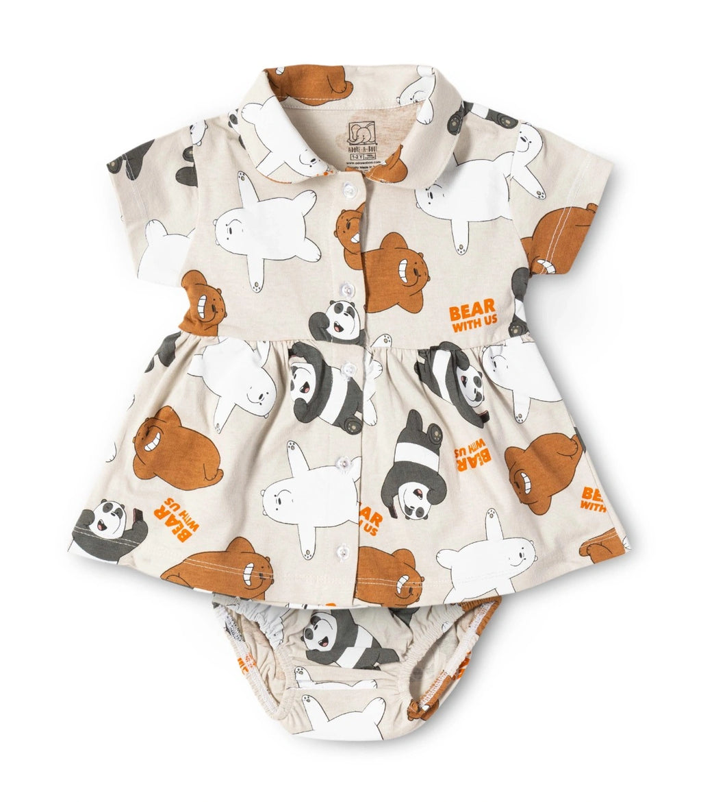 Bear With Us Printed Beige Girls Cotton Frock with Panty