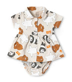 Bear With Us Printed Beige Girls Cotton Frock with Panty