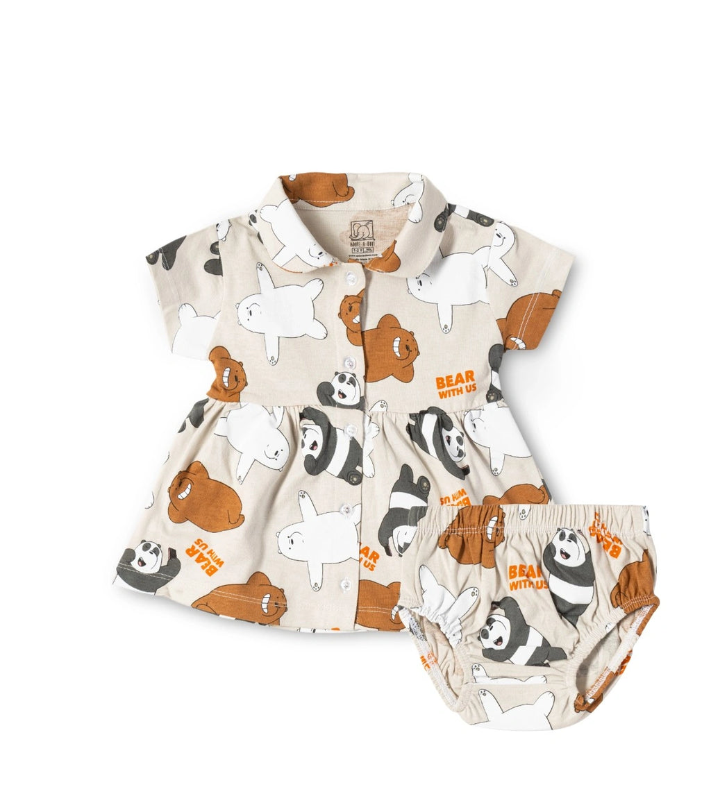 Bear With Us Printed Beige Girls Cotton Frock with Panty