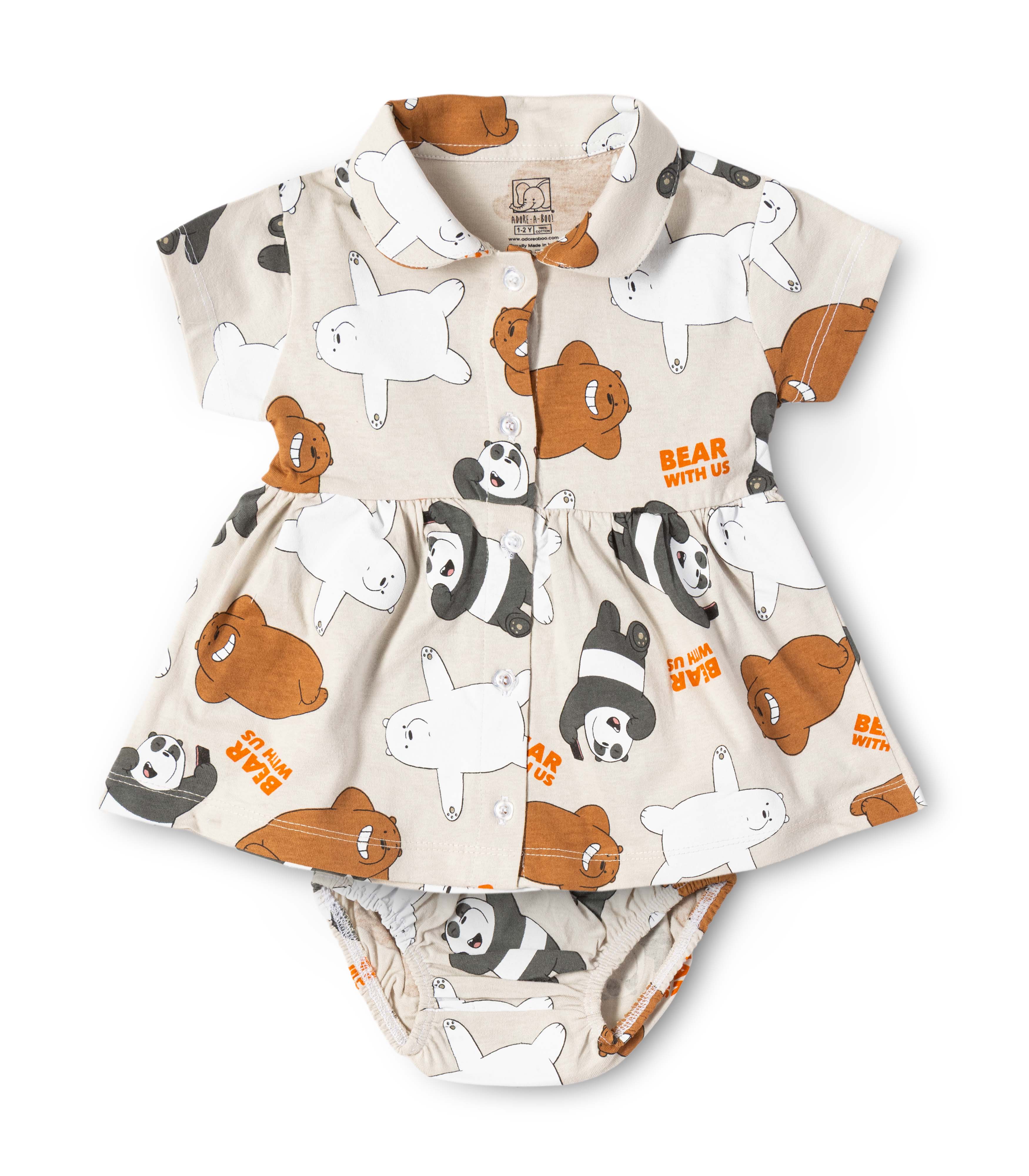 Bear With Us Printed Beige Girls Cotton Frock with Panty