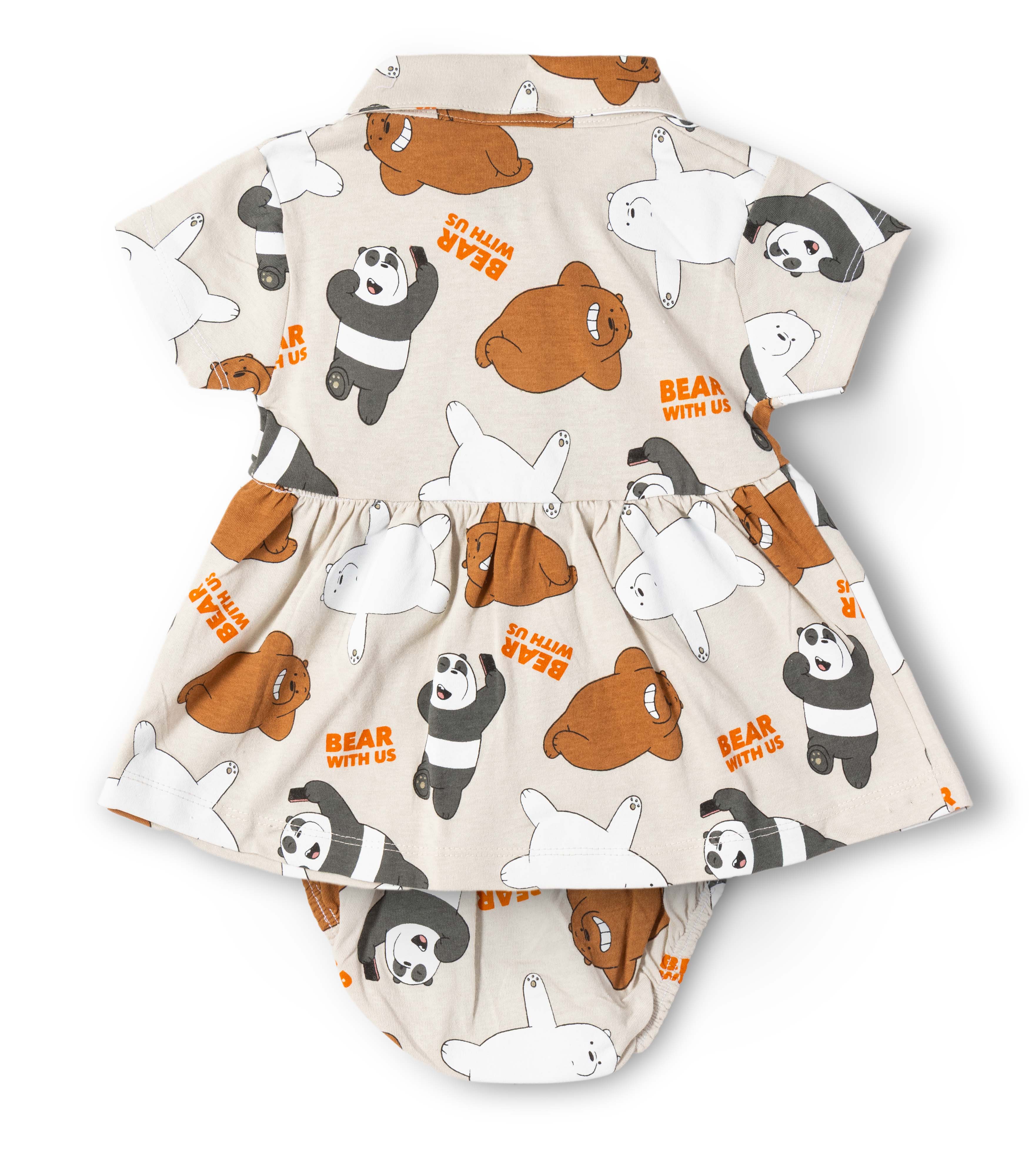 Bear With Us Printed Beige Girls Cotton Frock with Panty