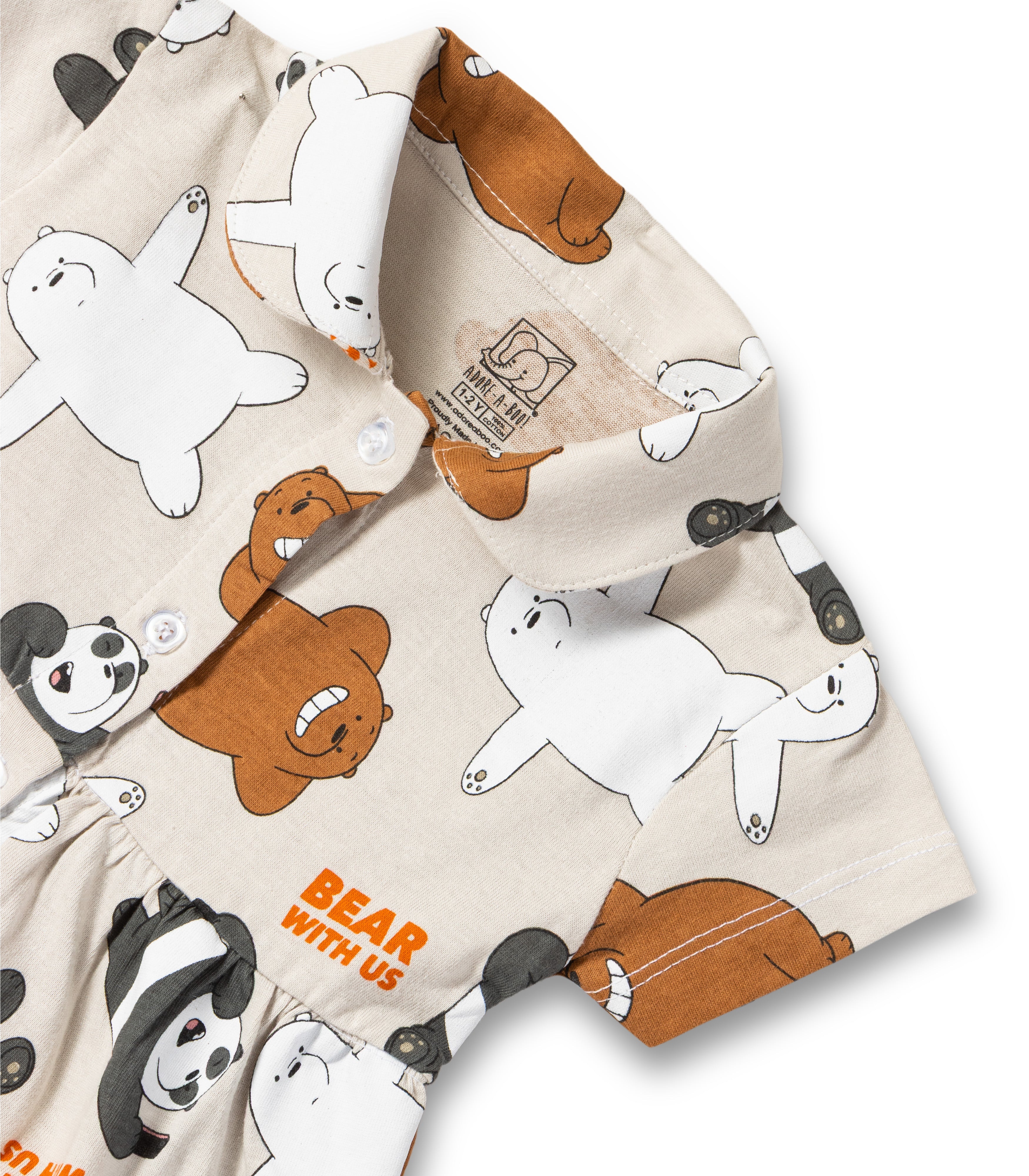 Bear With Us Printed Beige Girls Cotton Frock with Panty