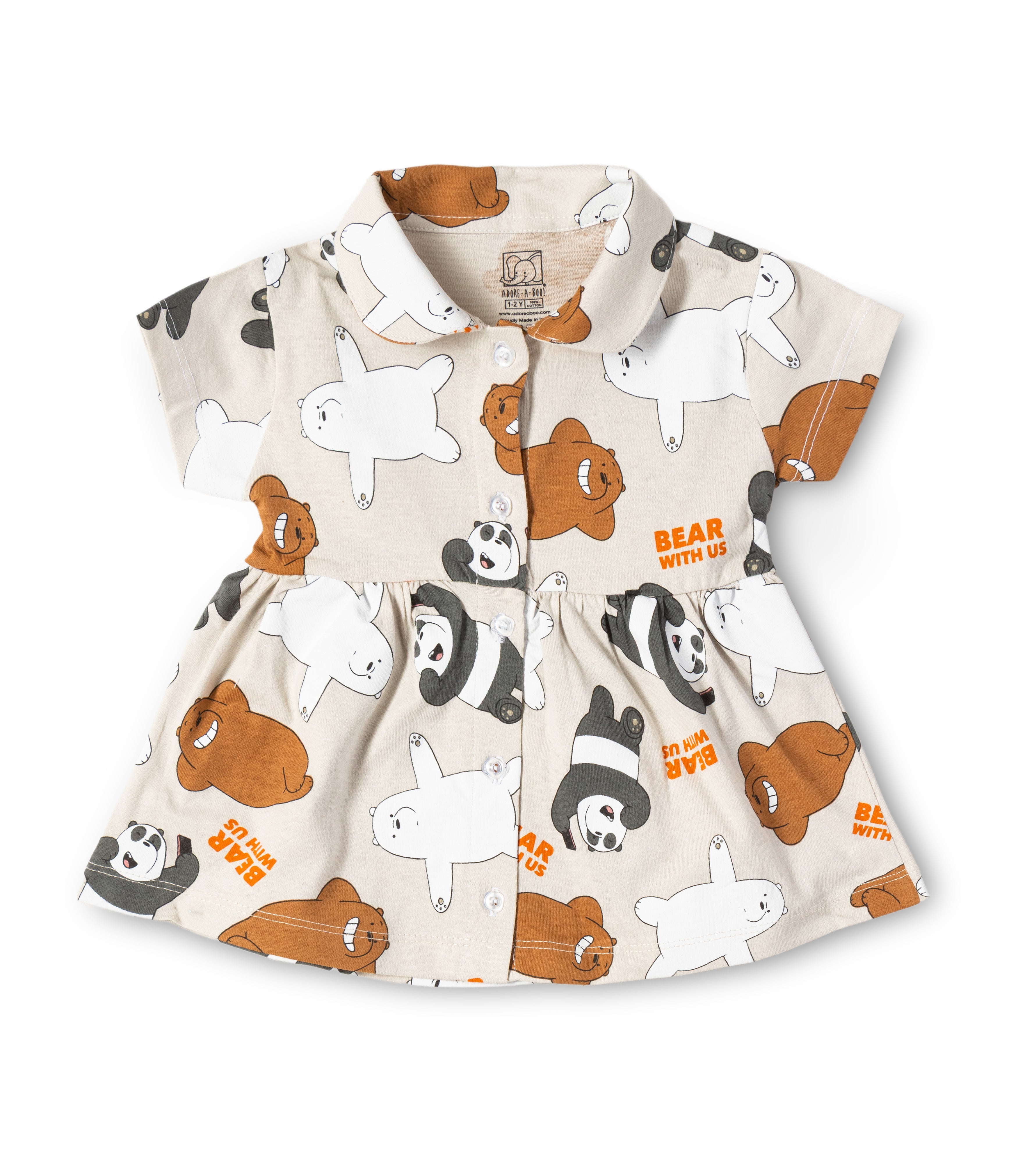 Bear With Us Printed Beige Girls Cotton Frock with Panty