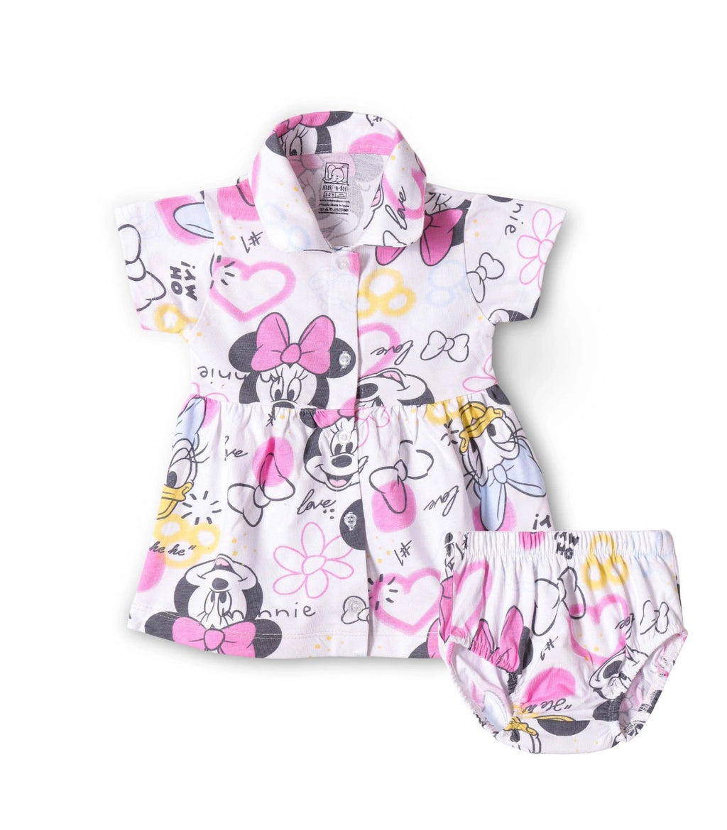 Minnie Love Printed Pink Girls Cotton Frock with Panty