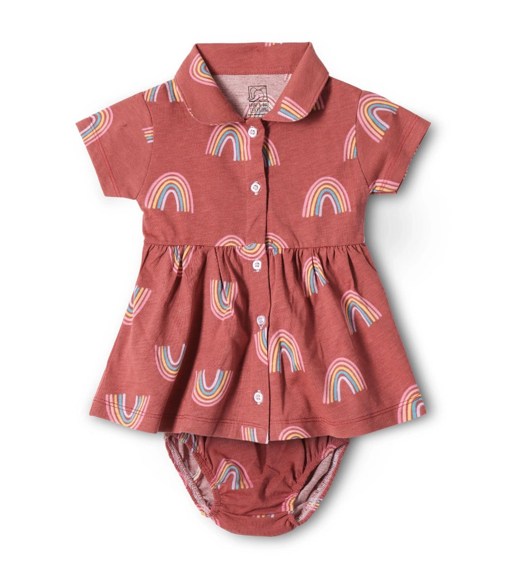 Rustic Rainbow Printed Red Girls Cotton Frock with Panty