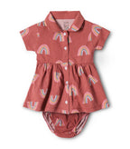 Rustic Rainbow Printed Red Girls Cotton Frock with Panty