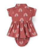Rustic Rainbow Printed Red Girls Cotton Frock with Panty