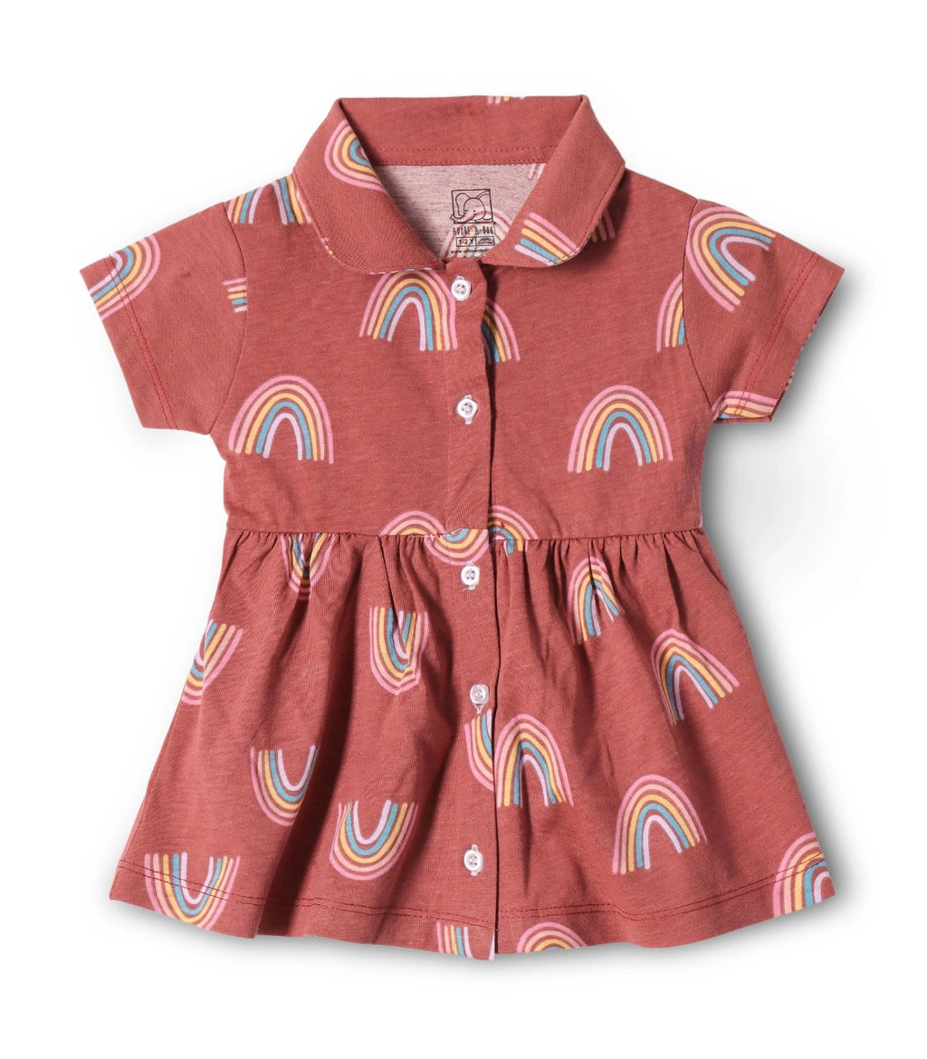 Rustic Rainbow Printed Red Girls Cotton Frock with Panty