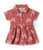 Rustic Rainbow Printed Red Girls Cotton Frock with Panty
