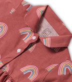Rustic Rainbow Printed Red Girls Cotton Frock with Panty