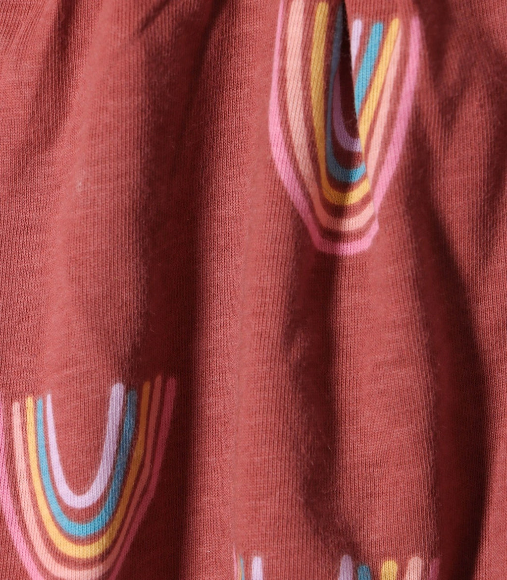 Rustic Rainbow Printed Red Girls Cotton Frock with Panty