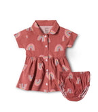 Rustic Rainbow Printed Red Girls Cotton Frock with Panty
