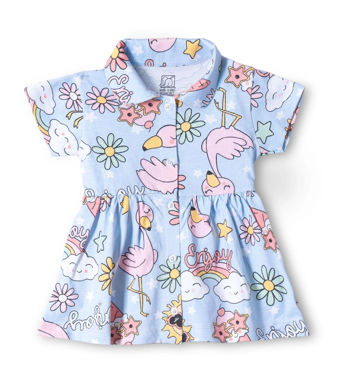 Flamingo Fun Printed Blue Girls Cotton Frock with Panty
