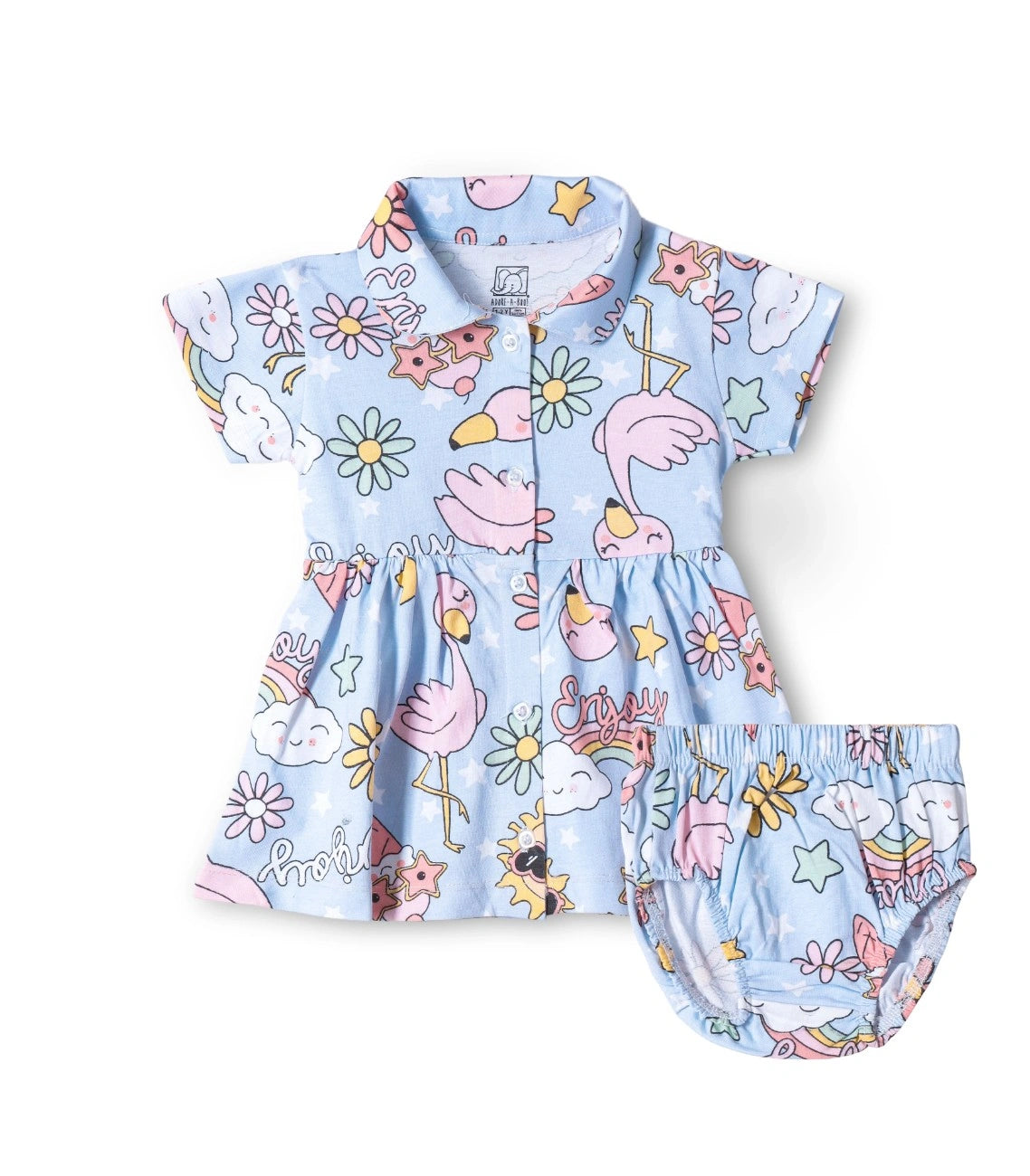 Flamingo Fun Printed Blue Girls Cotton Frock with Panty