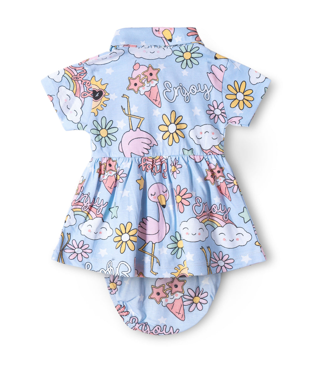 Flamingo Fun Printed Blue Girls Cotton Frock with Panty