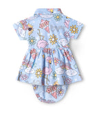 Flamingo Fun Printed Blue Girls Cotton Frock with Panty