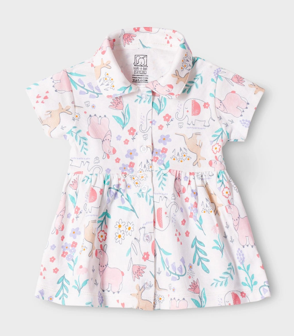 Jungle Blooms Printed White Girls Cotton Frock with Panty