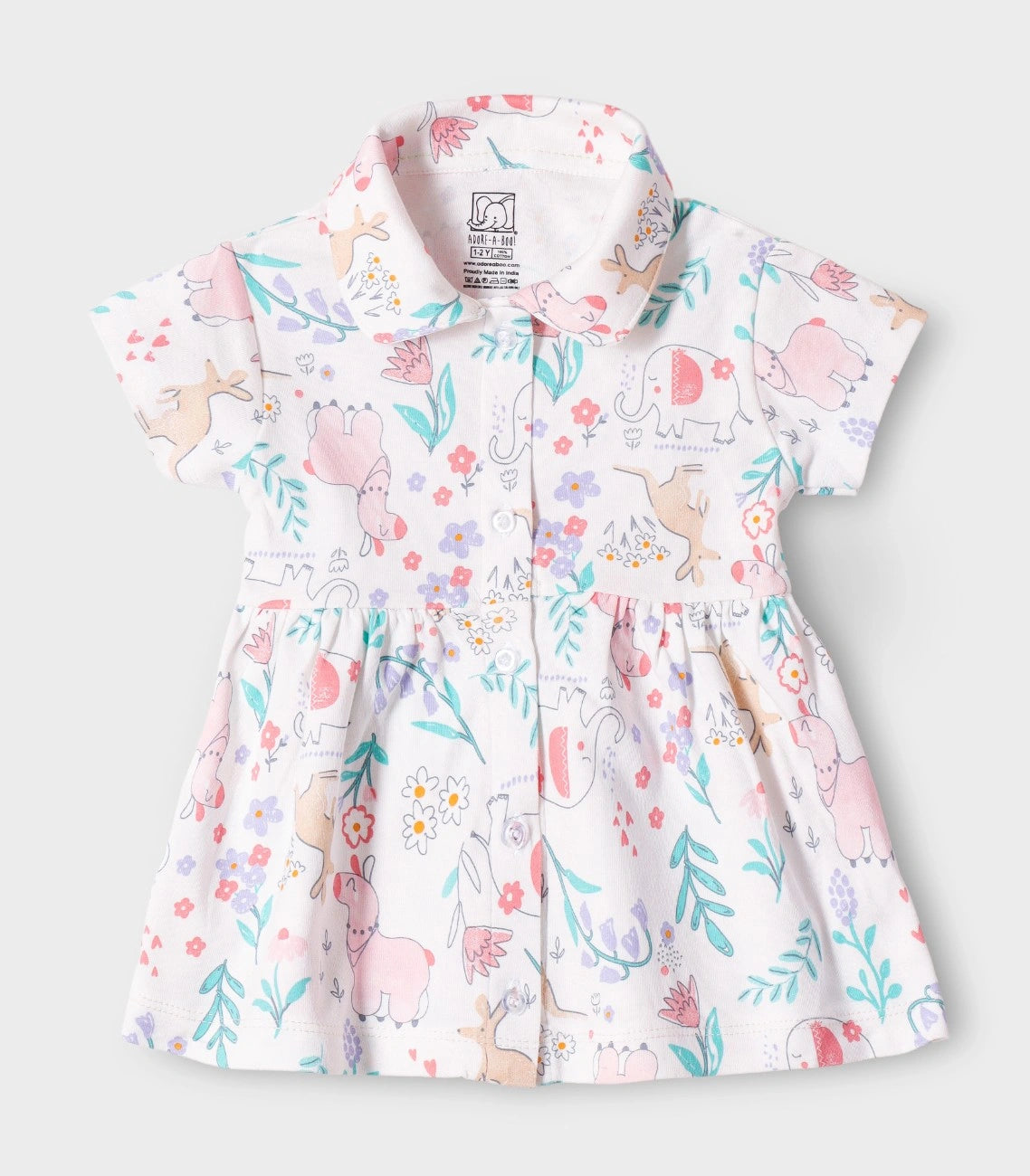 Jungle Blooms Printed White Girls Cotton Frock with Panty