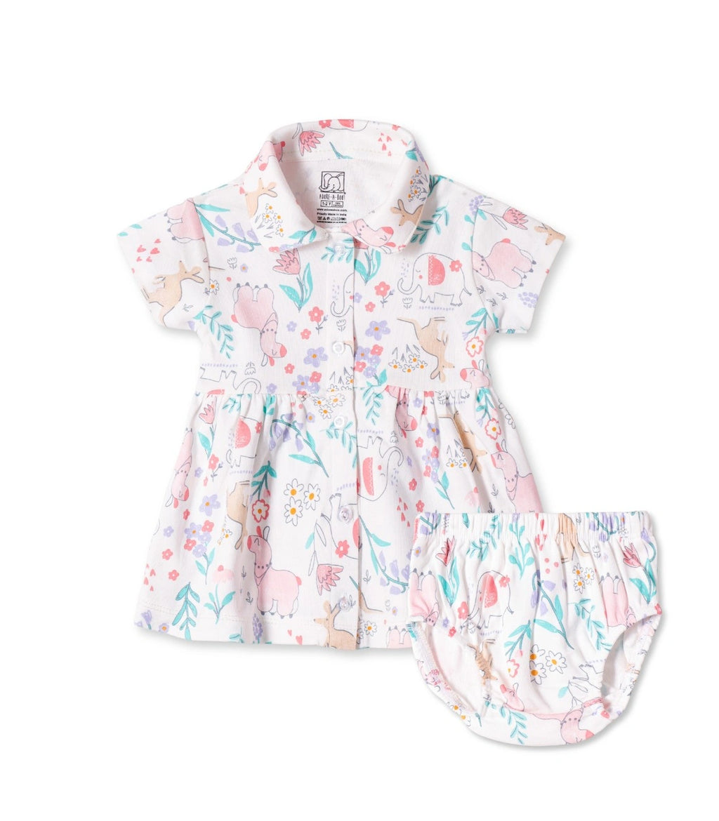 Jungle Blooms Printed White Girls Cotton Frock with Panty