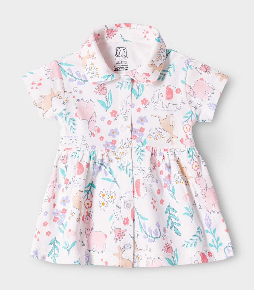 Jungle Blooms Printed White Girls Cotton Frock with Panty
