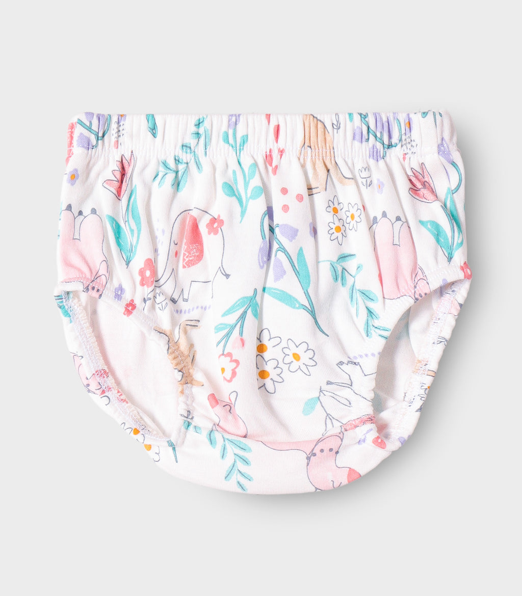 Jungle Blooms Printed White Girls Cotton Frock with Panty