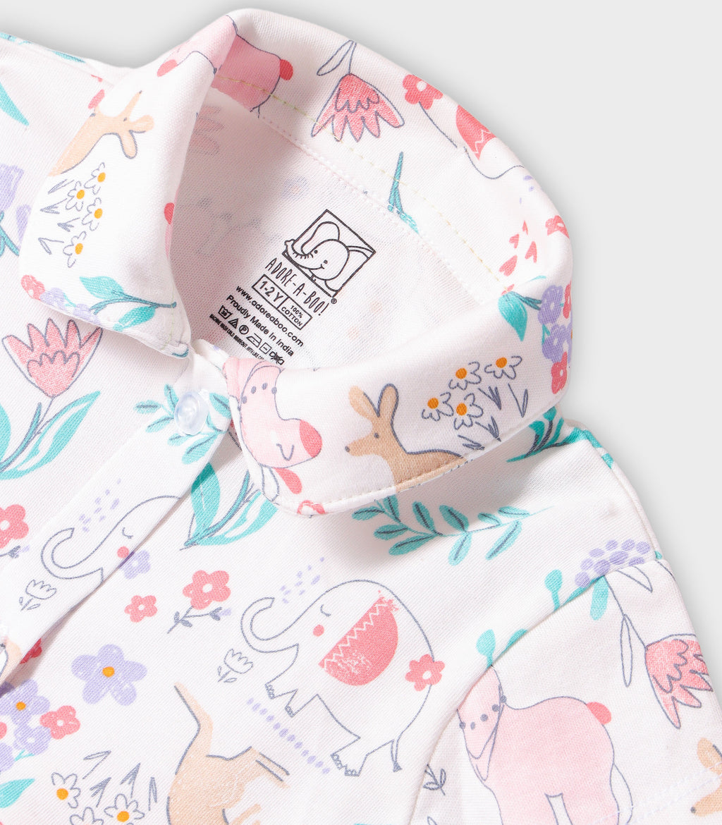 Jungle Blooms Printed White Girls Cotton Frock with Panty