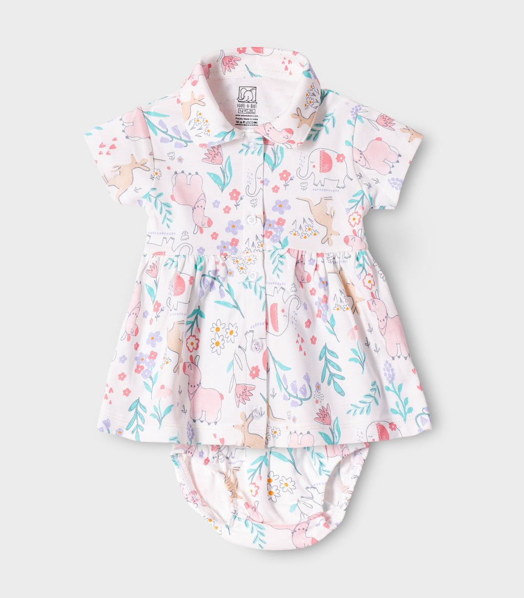 Jungle Blooms Printed White Girls Cotton Frock with Panty