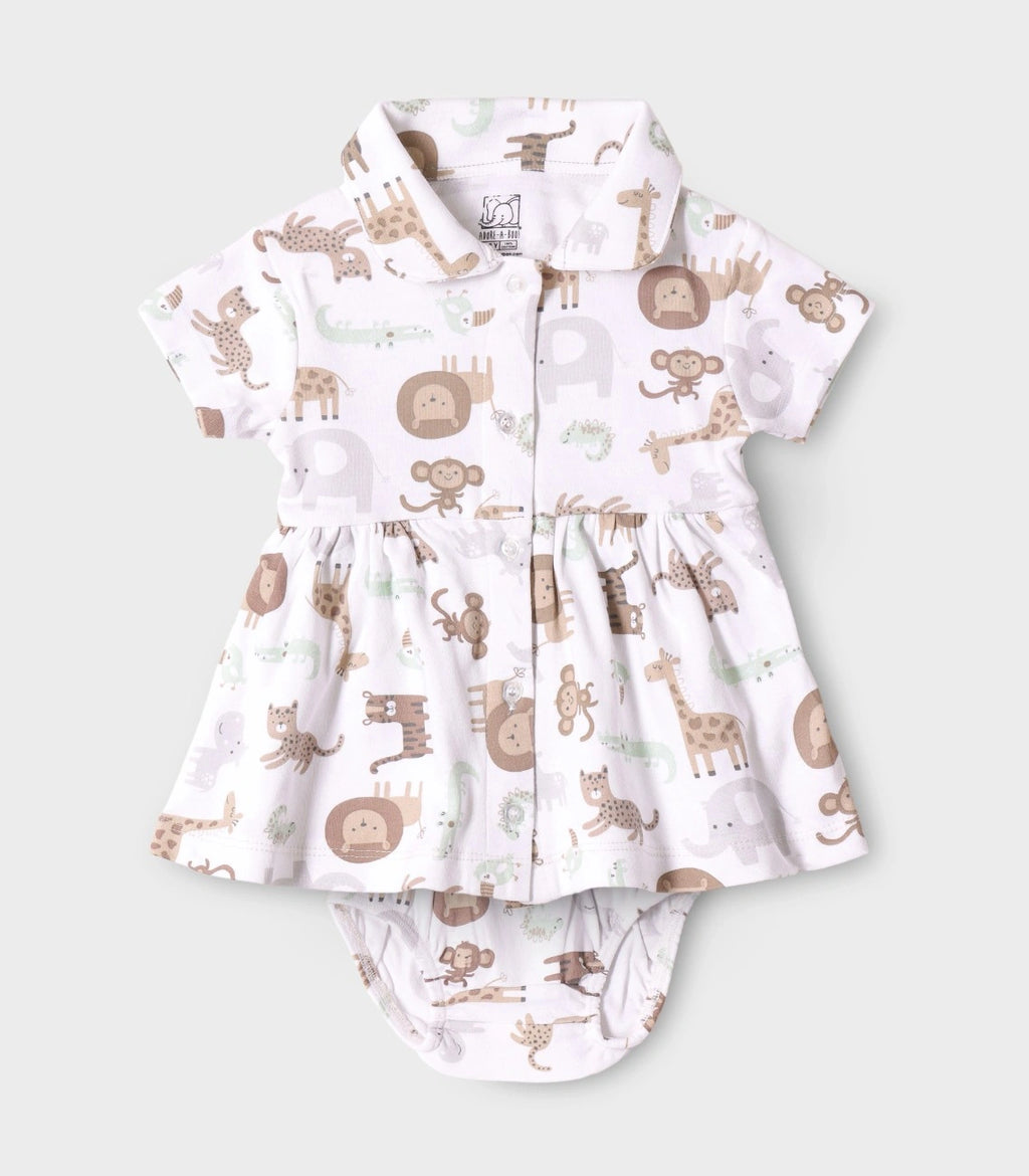 Safari Buddies Printed White Girls Cotton Frock with Panty