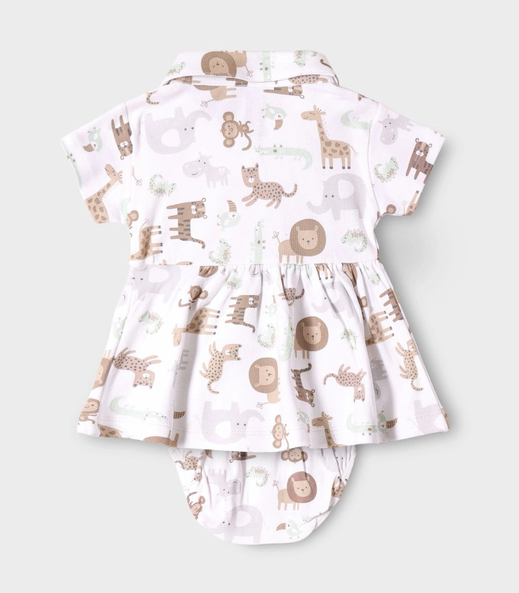 Safari Buddies Printed White Girls Cotton Frock with Panty