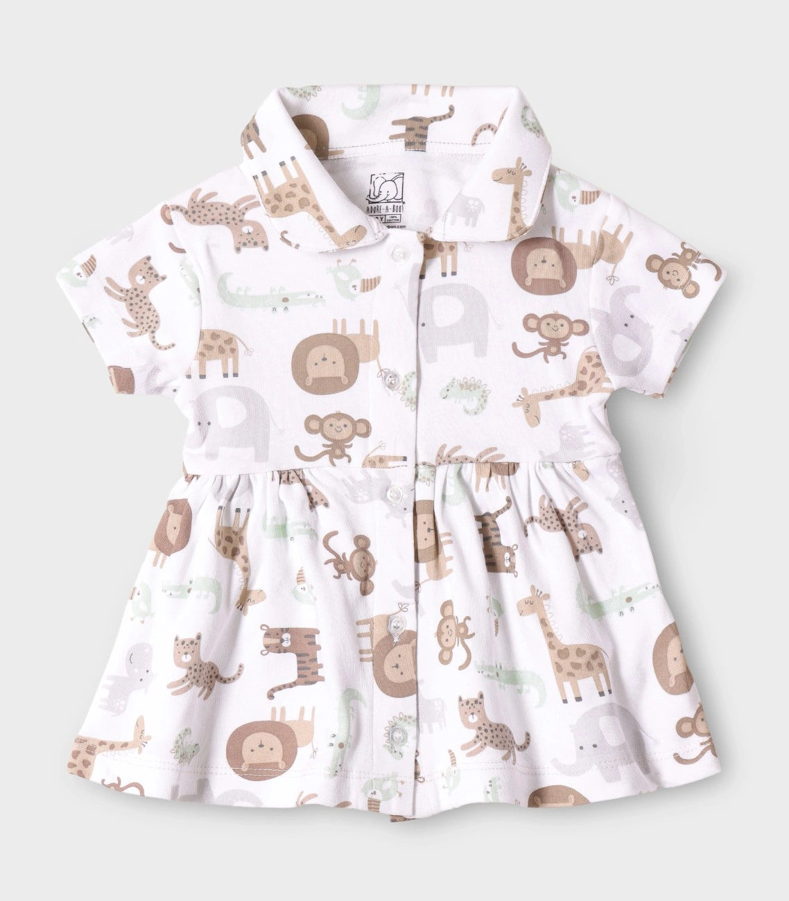 Safari Buddies Printed White Girls Cotton Frock with Panty