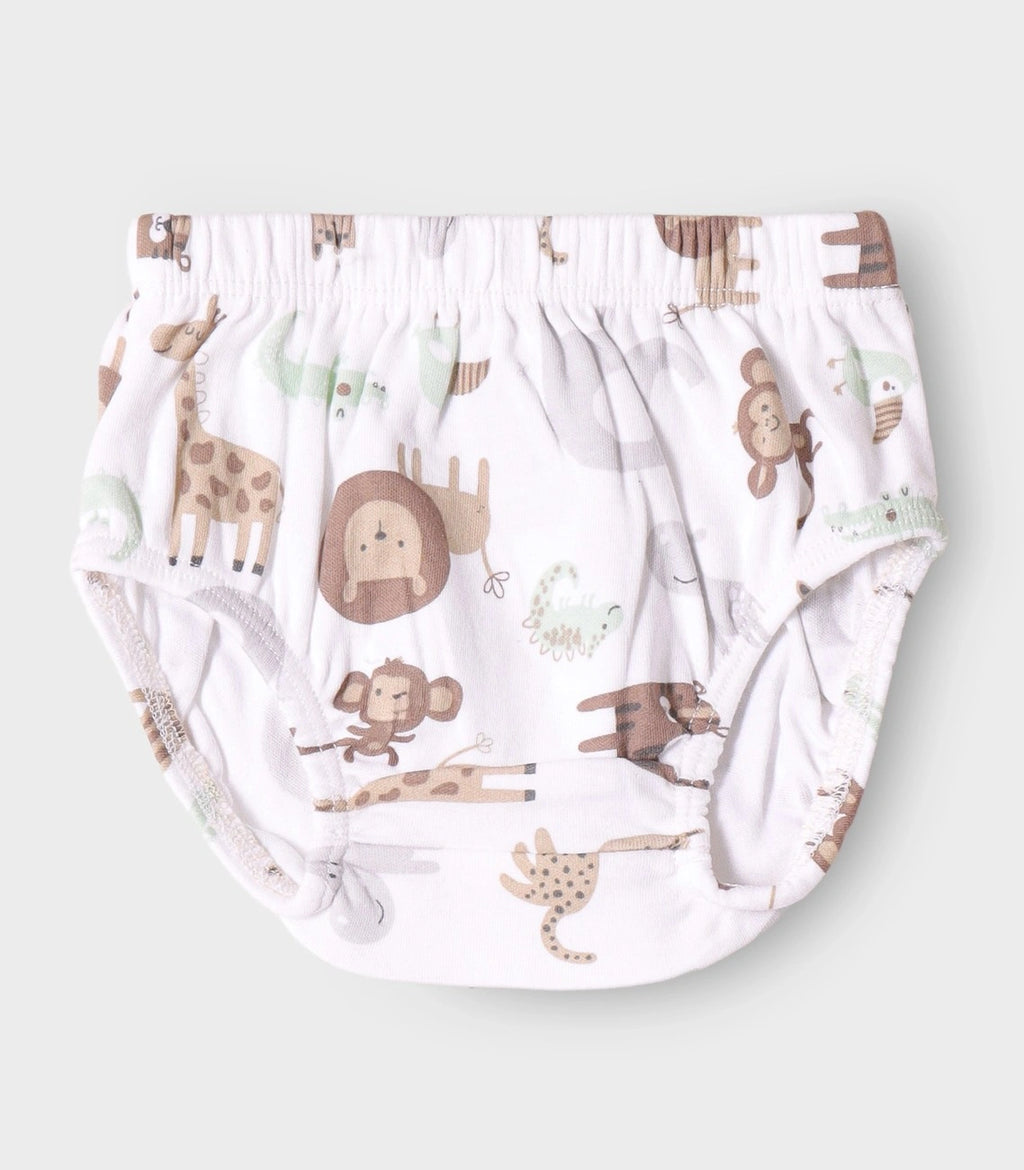 Safari Buddies Printed White Girls Cotton Frock with Panty