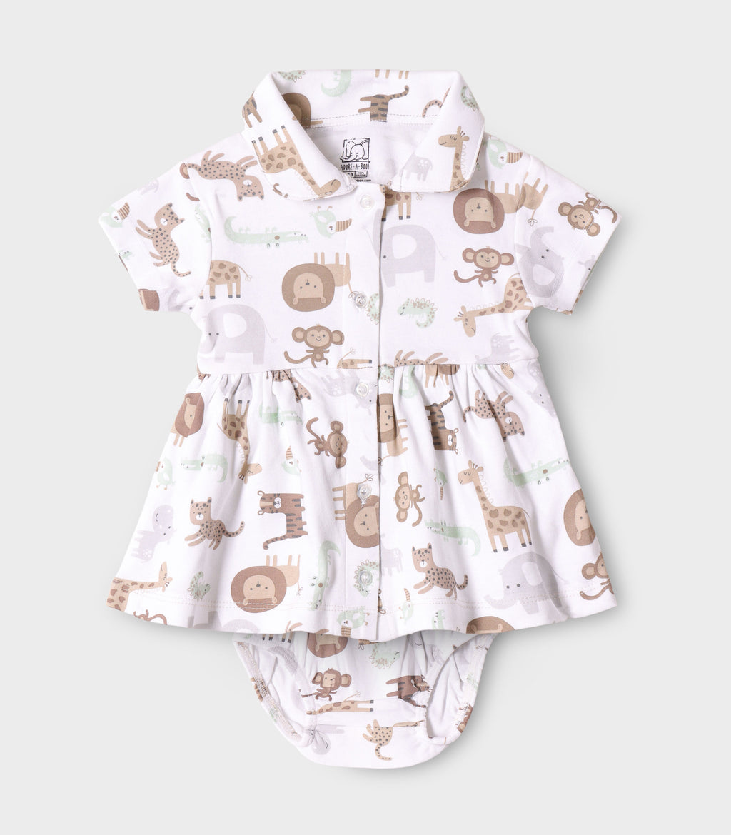 Safari Buddies Printed White Girls Cotton Frock with Panty