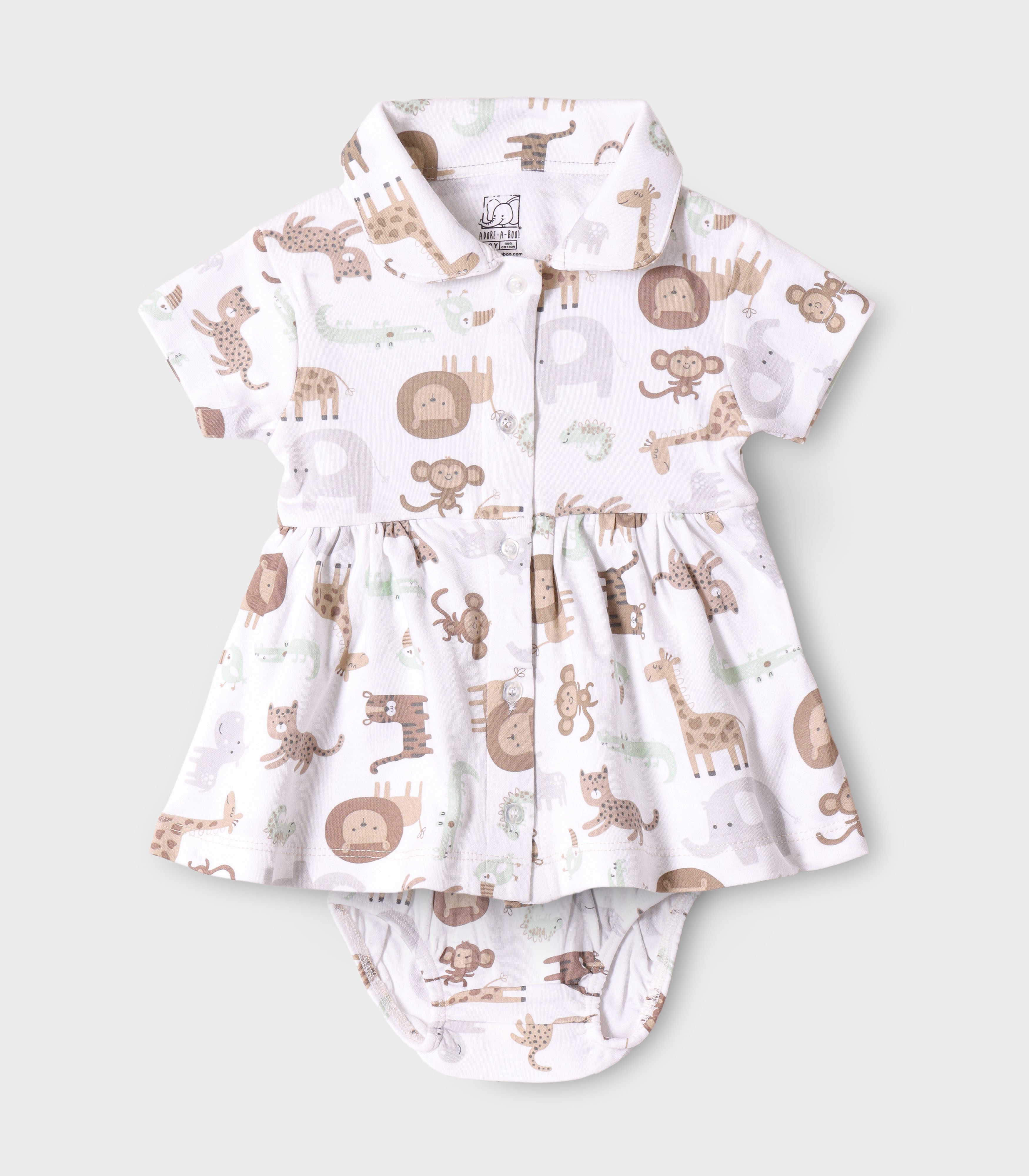 Safari Buddies Printed White Girls Cotton Frock with Panty