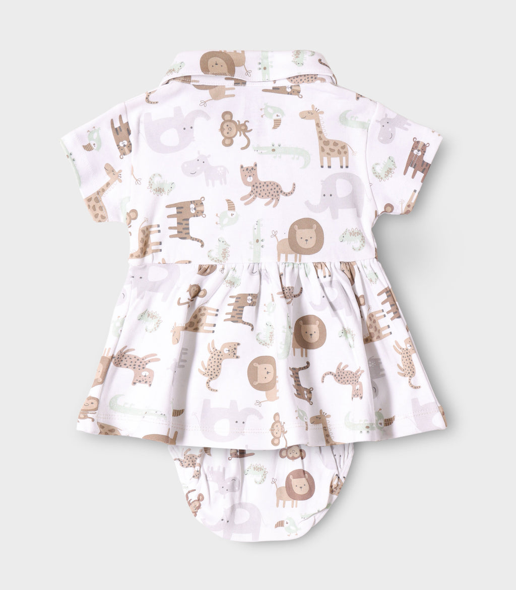 Safari Buddies Printed White Girls Cotton Frock with Panty