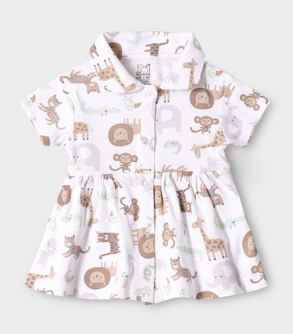 Safari Buddies Printed White Girls Cotton Frock with Panty