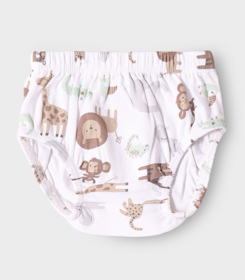 Safari Buddies Printed White Girls Cotton Frock with Panty