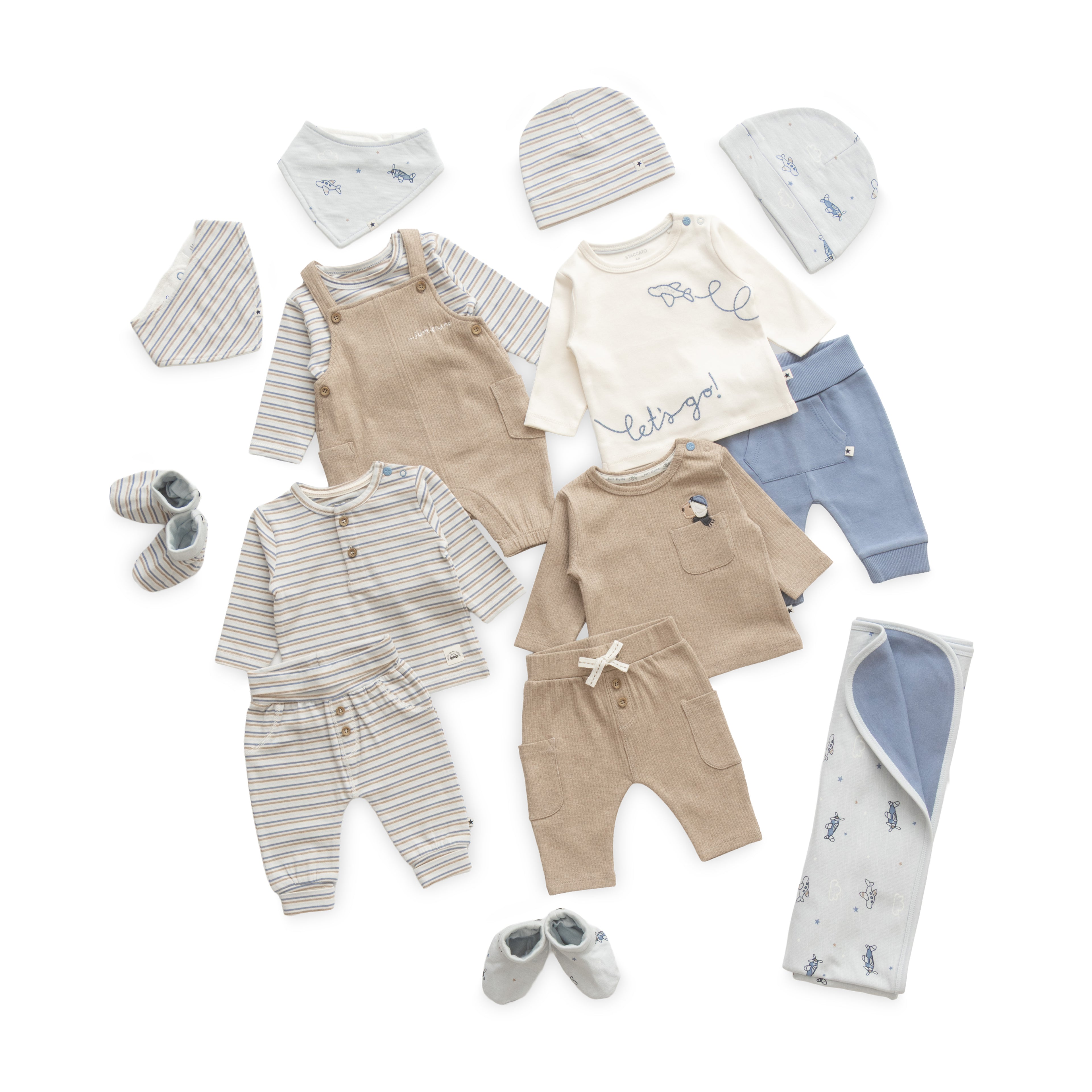 Gorgeous Halfwhite & Beige Theme Stripes & Aviation Designer Baby Layette Pack