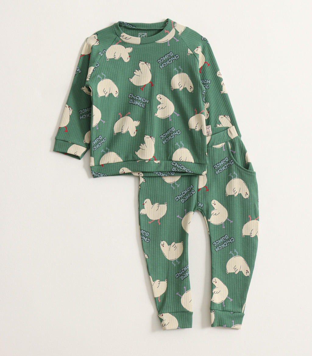 Green Chicken Dance Print Kids Pyjama Set
