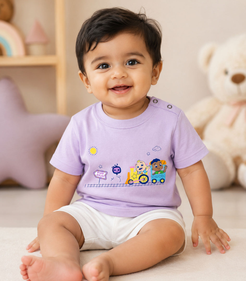 Pastel Lilac Cocomelon Fun Fair Train Ride Baby T-Shirt