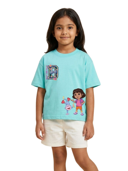 Aqua Blue Dora & Boots Brave Adventure Graphic Kids T-Shirt
