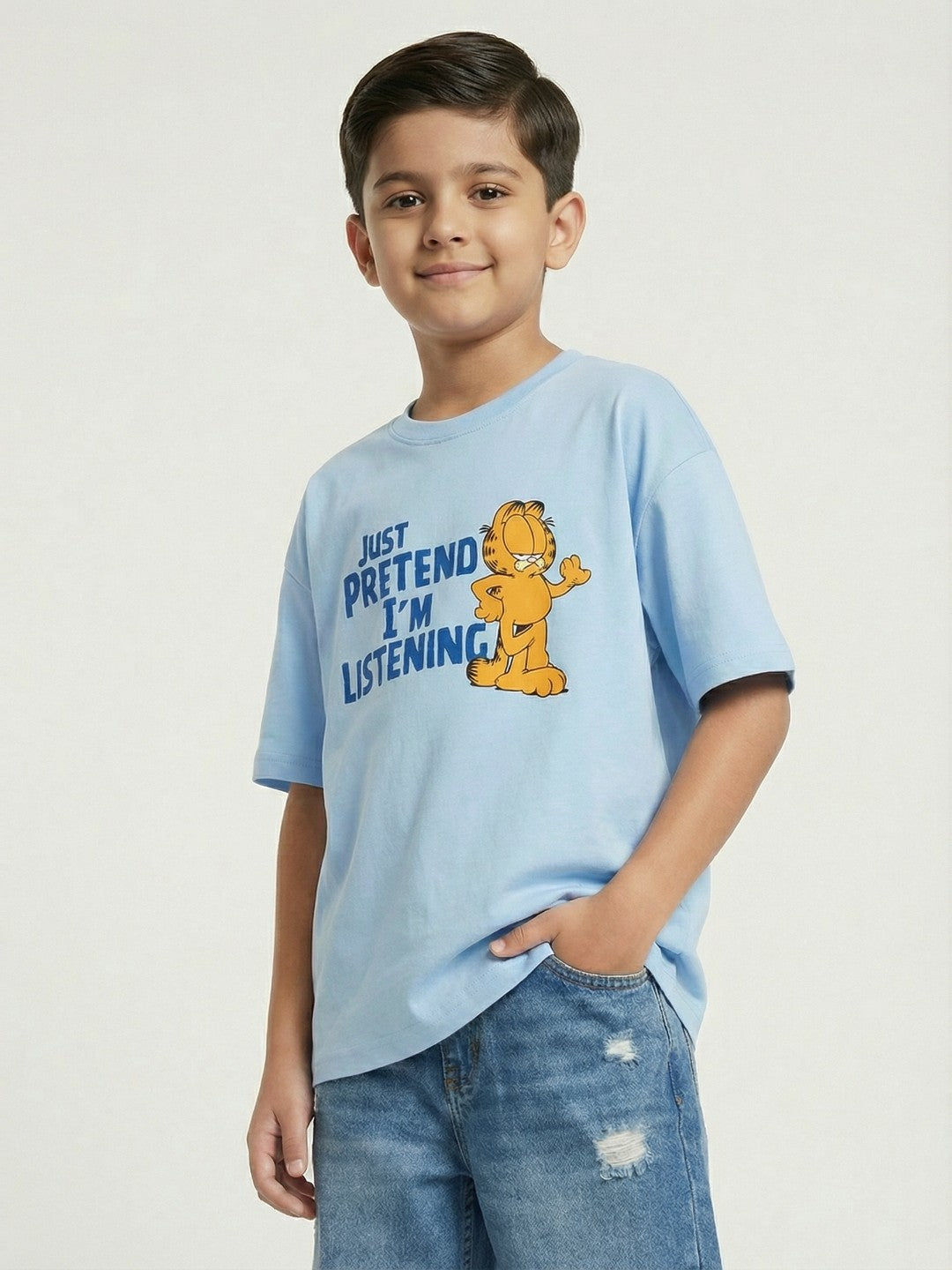 Garfield Listening Print Light Blue Kids  T-Shirt