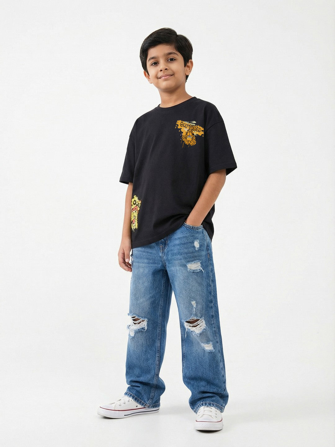 Garfield Graphic Accent Print Black Kids  T-Shirt