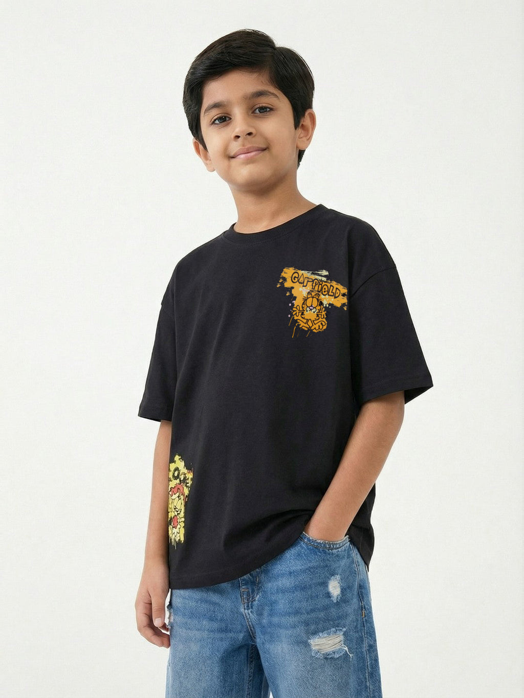 Garfield Graphic Accent Print Black Kids  T-Shirt