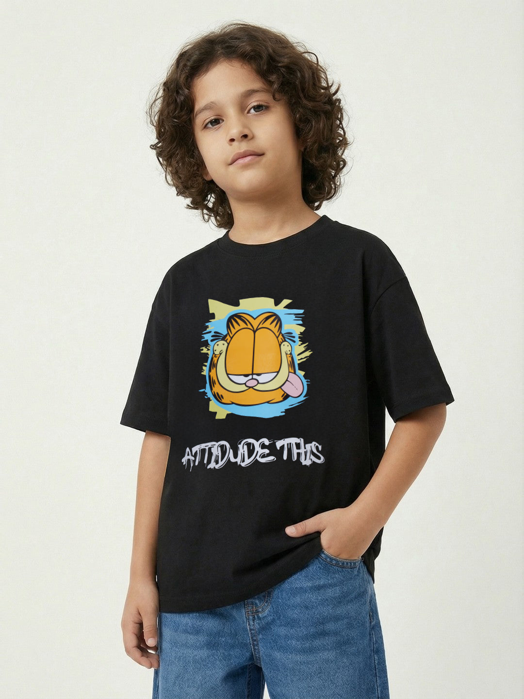 Garfield Attitude Face Print Black Kids  T-Shirt