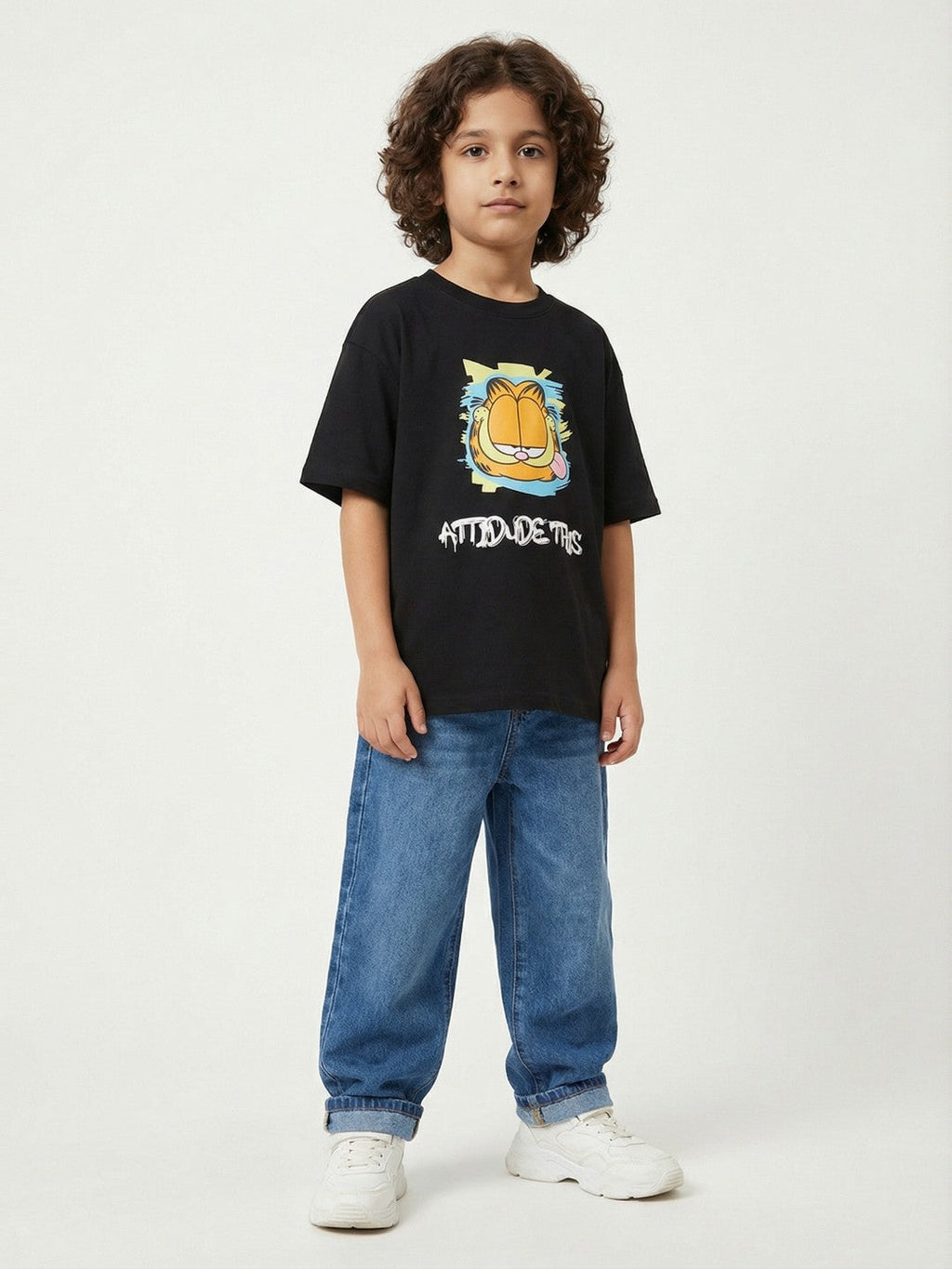 Garfield Attitude Face Print Black Kids  T-Shirt