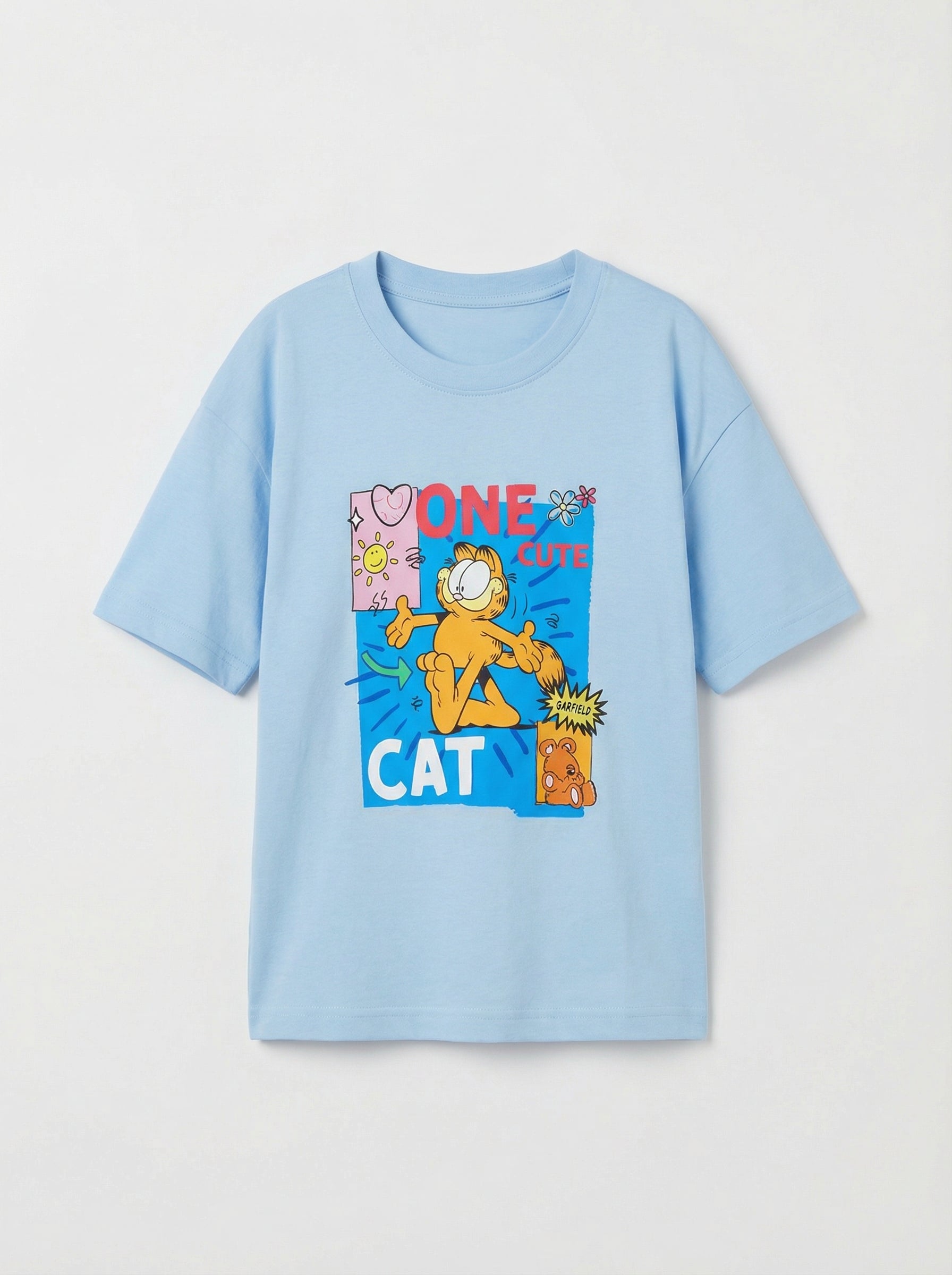 Garfield Cute Cat Graphic Print Light Blue Kids  T-Shirt