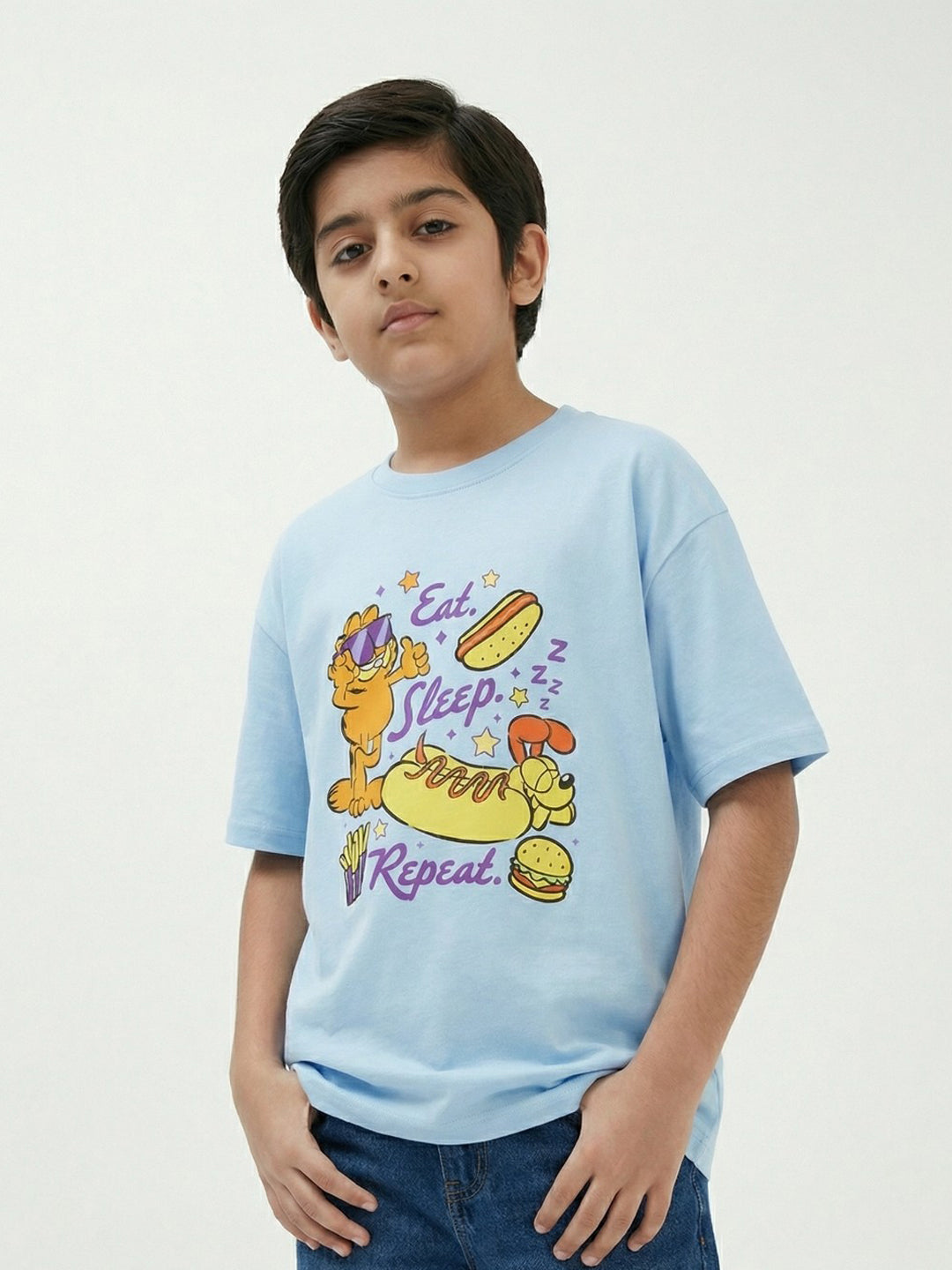 Garfield Eat Sleep Repeat Print Sky Blue Kids  T-Shirt